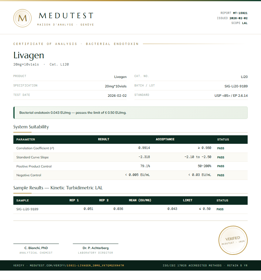 Livagen Endotoxin report by Medutest