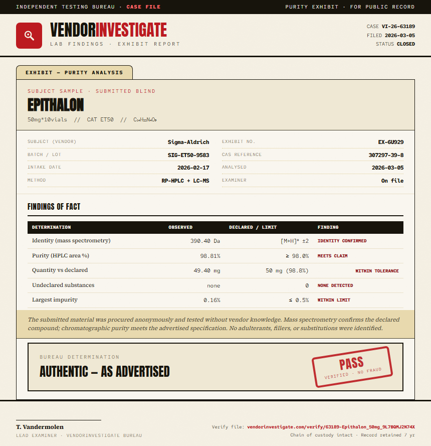Epithalon Purity (HPLC) report by VendorInvestigate