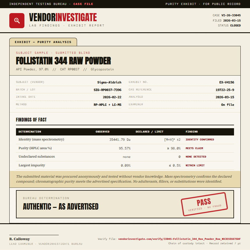 Follistatin 344 Raw Powder Purity (HPLC) report by VendorInvestigate