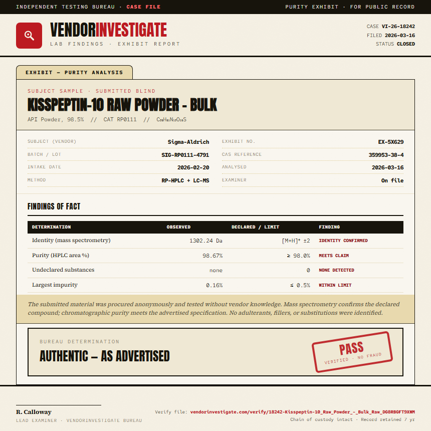 Kisspeptin-10 Raw Powder - Bulk Purity (HPLC) report by VendorInvestigate