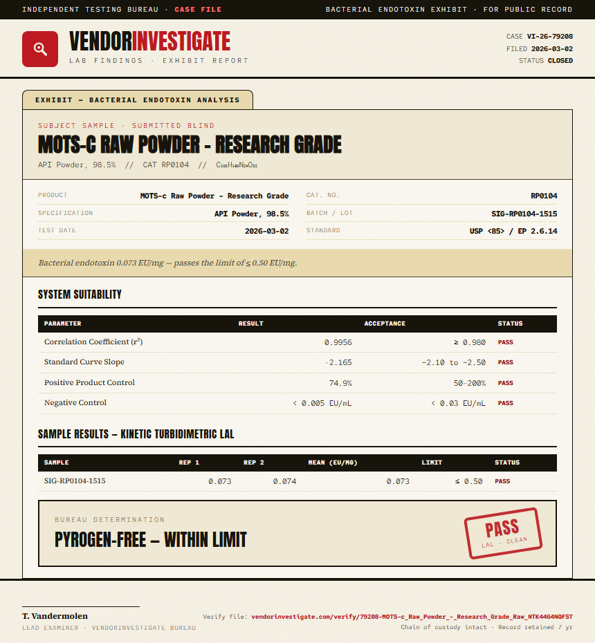MOTS-c Raw Powder - Research Grade Endotoxin report by VendorInvestigate